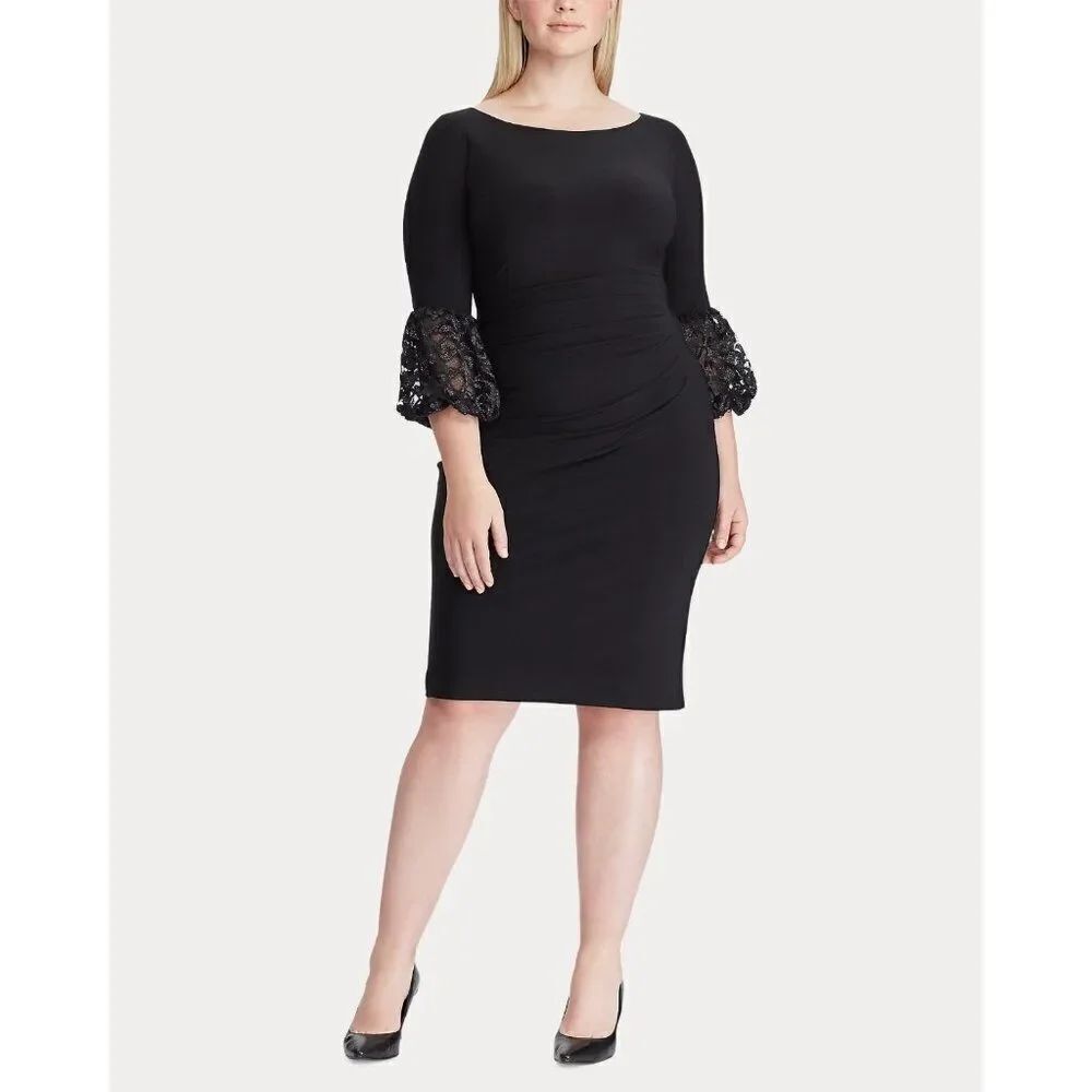 LAUREN RALPH LAUREN Dress Navy Black Lace Bell Sleeve Ruched Sheath Womens Sz 4